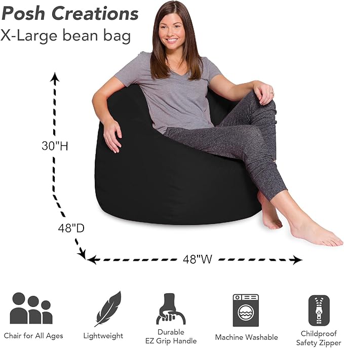 Posh Creations Bean Bag Chair for Kids, Teens, and Adults Includes Removable and Machine Washable Cover, Solid Black, 48in - X-Large - LeafyLoom