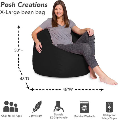 Posh Creations Bean Bag Chair for Kids, Teens, and Adults Includes Removable and Machine Washable Cover, Solid Black, 48in - X-Large - LeafyLoom