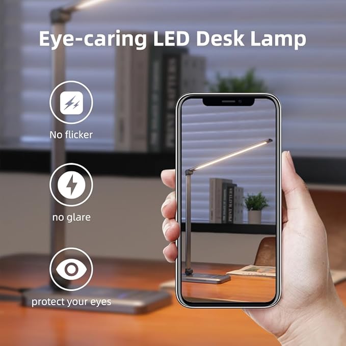 LED Desk Lamp with Wireless Charger, Dimmable Table Lamp Reading Lamp with USB Charging Port, 5 Lighting Modes, Auto-Off Timer, Study Lamp, Eye-Caring Office Lamp with Night Light - LeafyLoom