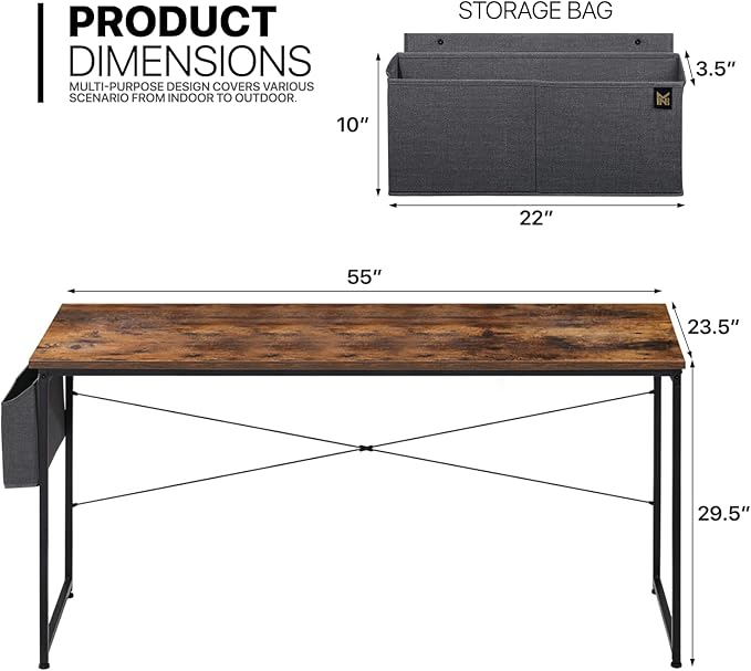 MoNiBloom Home Office Gaming Desk, 55 Inches Computer Study Table with A Storage Bag, Rustic Brown - LeafyLoom