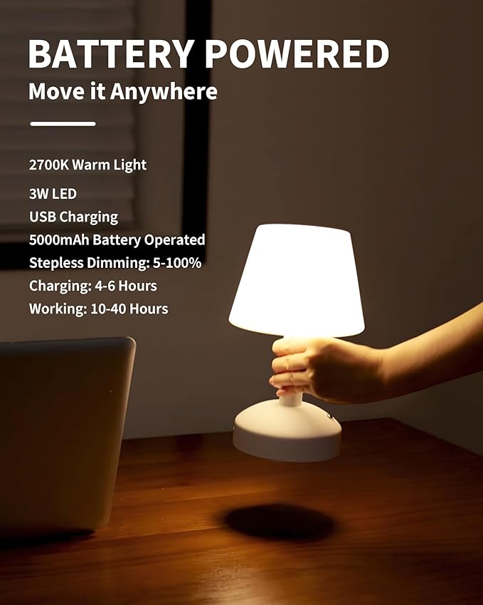 KDG Modern Cordless Small Table Lamps, Portable LED Dimmable Desk Lamp, Rechargeable Battery Operated Lighting for Restaurant/Nightstand/Bedroom/Bedside/Bar/Outdoor/Camping/Night Light(White) - LeafyLoom