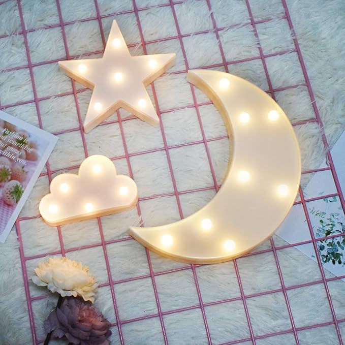 GUOCHENG Lovely White Moon Star Cloud Light Set Battery Operated LED Marquee Light Sign Warm White Bedside Lamps for Kids Children Bedroom Nursery, Baby Standing Night Light - LeafyLoom