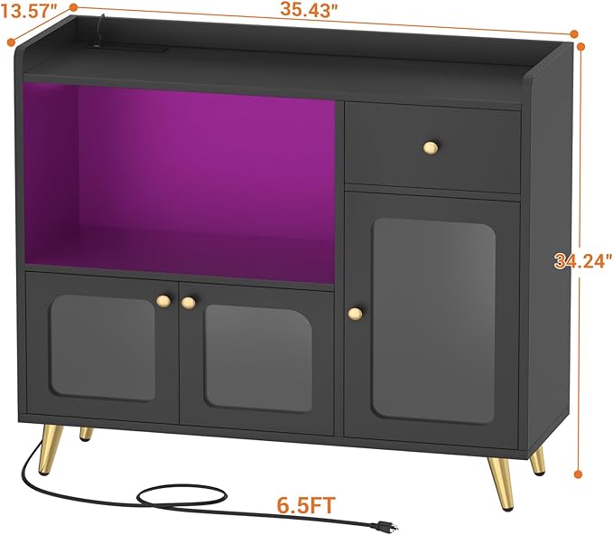 Cyclysio Sideboard Buffet Cabinet with Power Outlet, Kitchen Cabinet with LED Lights, Large Bar Cart Accent Buffet Cabinet with Door for Bedroom, Living Room, Kitchen, Hallway, Black - LeafyLoom