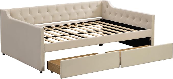 Full Size Velvet Upholstered Tufted Daybed with 2 Drawers,Modern Wood Bed Frame w/Armrests,Slat Support,No Box Spring Needed,Daybeds for Apartment,Bedroom,Guest Room,Beige - LeafyLoom