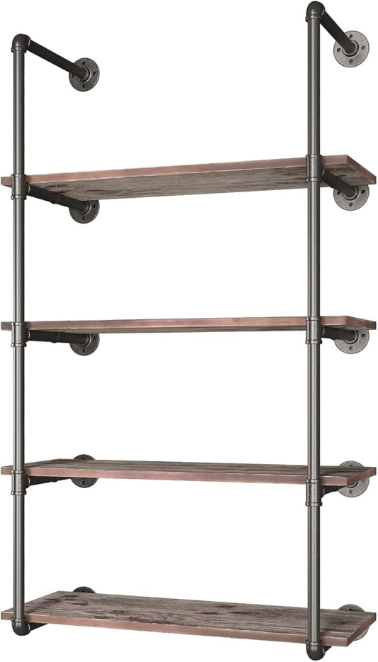 Yuanshikj (56" Tall Industrial Pipe with 31" Solid Wood Shelf/Shevles/Shelving Bookshelf/Bookcase Metal Iron Pipe Rustic Open DIY Display Wall Mounted for Living/Bed/Office Room Decor Storage - LeafyLoom