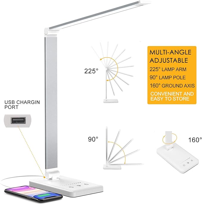 Led Desk Lamp, Desk Lamp with USB Charging Port, 5 Color Modes, 10 Brightness, Natural Light, Eye Caring Reading Lamp, Desk Light for Home Office, Table Lamp, Touch Control, Auto-Timer, White - LeafyLoom