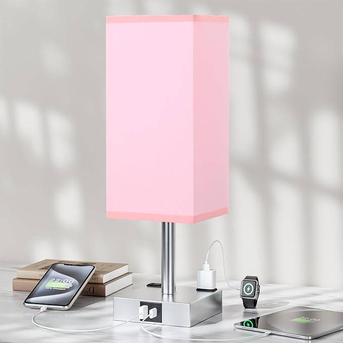 Touch Bedside Table Lamp For Nightstand - 3-Way Dimmable Night Lamp with USB A + Type C Charging Ports and two AC Outlets, Small Desk Light with E26 LED Bulb for Bedroom Living Room Dorm Office, PINK - LeafyLoom