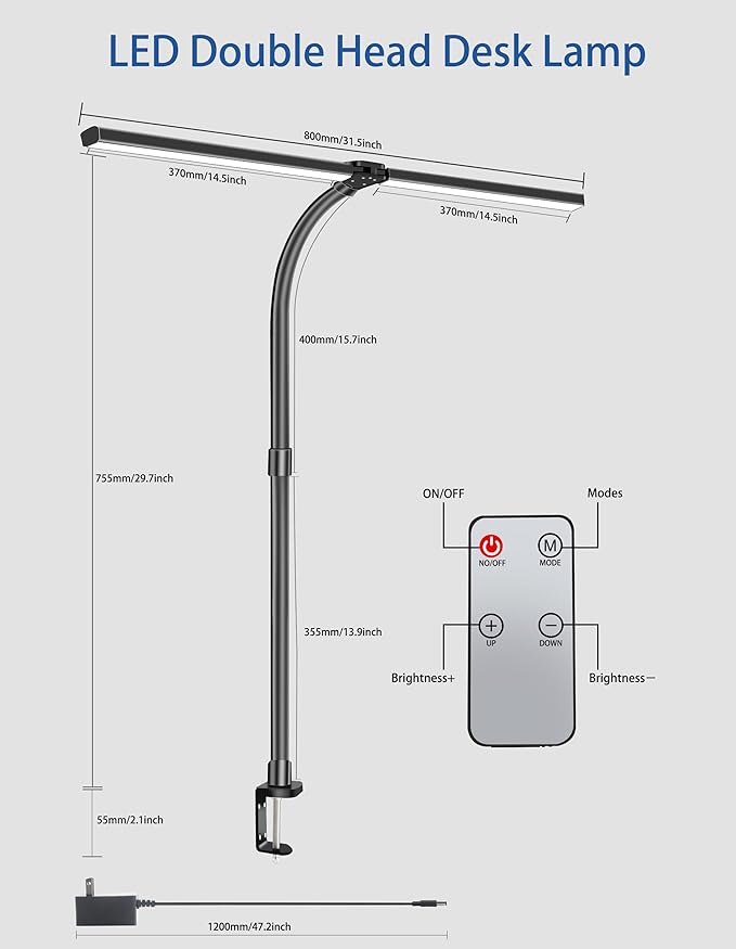 LED Desk Lamp with Remote for Home Office,24W Bright Desk Light with Clamp for Study Reading, Double Head Eye-Caring Clip on Lights,10 Dimmable Brightness, 50,000H Life Span,Desk Lamp for Workbench - LeafyLoom