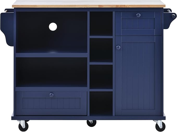 Mobile Kitchen Cart with Storage Cabinet & Solid Wood Desktop, Kitchens Island on Wheels w/Adjustable Shelf and Drawer, Floor Standing Buffet Sideboard for Dining Room, Bar - LeafyLoom