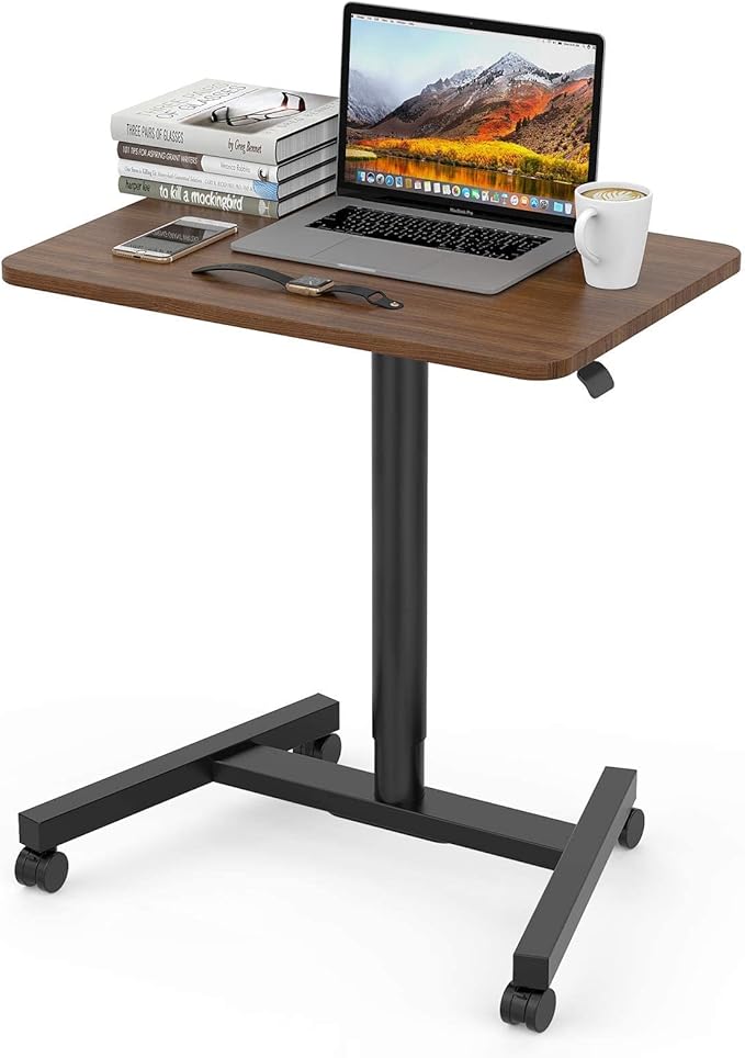 28-Inch Height Adjustable Laptop Desk, Sit-to-Stand Desk with Lockable Wheels, Rolling Standing Mobile Desk Cart for Home Office Classroom (Coffee) - LeafyLoom