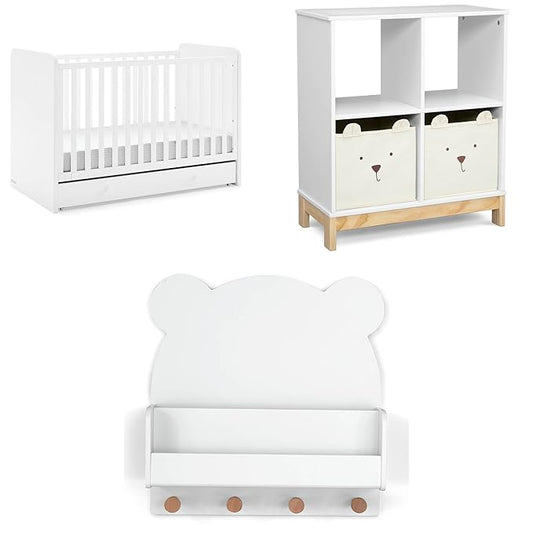 Delta Children babyGap Graham 4-in-1 Convertible Crib with Storage Drawer + Brannan Bear Bookcase with Bins + Brannan Bear Wall Shelf with 4 Hooks, Bianca White (Bundle) - LeafyLoom