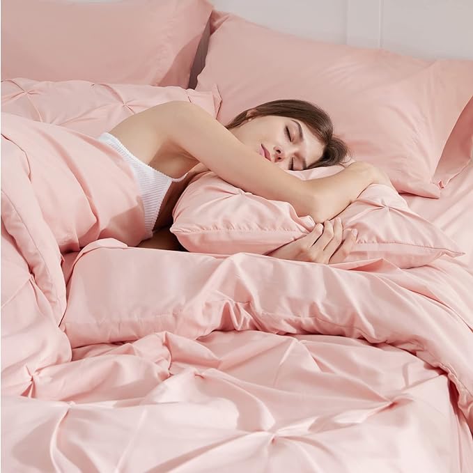 Bedsure King Size Comforter Set - Bedding Set King 7 Pieces, Pintuck Bed in a Bag Pink Bed Set with Comforter, Sheets, Pillowcases & Shams - LeafyLoom