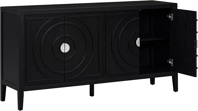 Retro Sideboard with Circular Groove Design Round Metal Door Handle,Wooden Buffet Cabinet,W/Adjustable Shelves & Open Countertop,for Entrance Living Dinning Room,Black, 60" - LeafyLoom