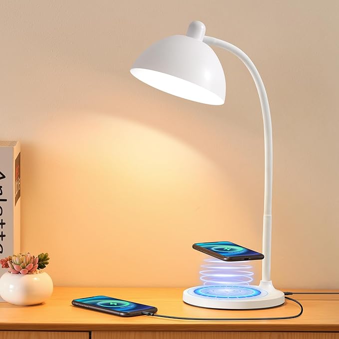 BOHON Desk Lamp, LED Desk Lamp with USB Charging Port, Wireless Charger Desk Light for Home Office, 5 Colors 6 Levels Brightness, Touch Table Lamp for Bedroom Bedside College Dorm Reading, White - LeafyLoom