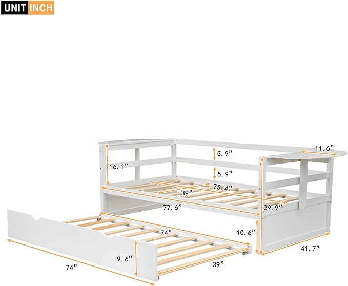 Merax Modern Wood Daybed with Twin Size Trundle and Two Foldable Shelves, Multifunction Sofa Bed Frame for Family, Kids, Teens, No Box Spring Needed, White - LeafyLoom