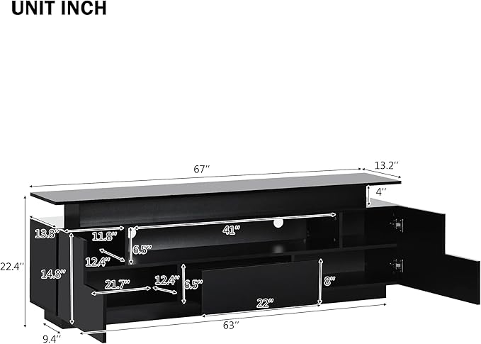 Modern Functional Stand with Color Changing LED Lights and Storage Space, High Gloss Television Cabinet for TVs Up to 75+'' for Living Room Furniture, 75 inch, Black - LeafyLoom