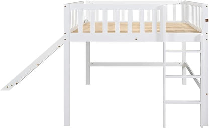 Merax Full Size Junior Wood Loft Bed with Slide Loft Bunk Bed for Girls Boys,Easy Assemble,White - LeafyLoom