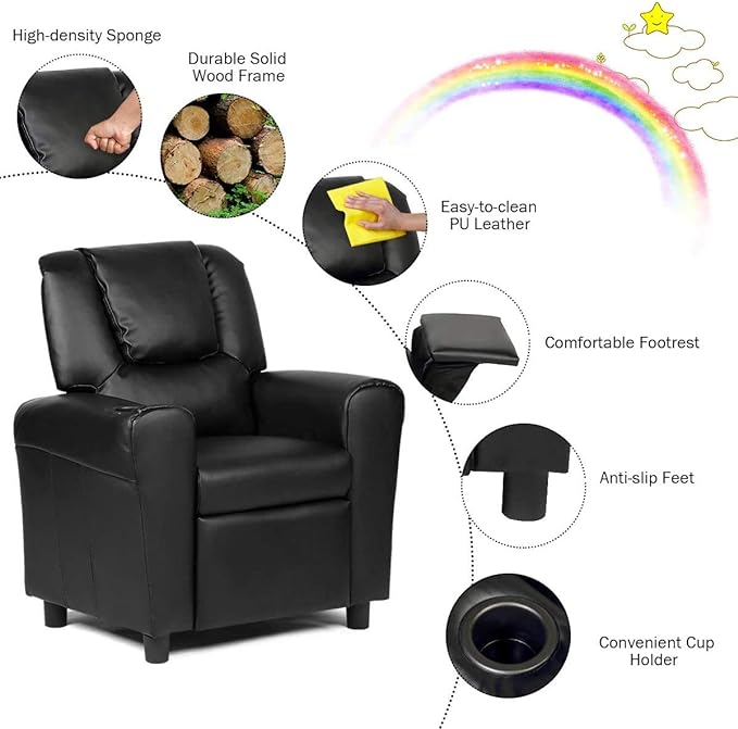 ARLIME Kids Recliner chair, toddler Armchair Upholstered Couch with Cup Holder, Backrest, baby Leather sofa with Headrest and Footrest, Child Furniture for Ages 2-7 (Black) - LeafyLoom