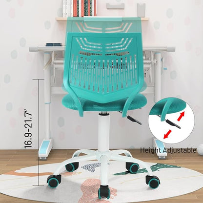 FurnitureR Desk Chair Armless Home Office Task Chair with Mesh Padded Cushion Swivel Study Chair with Rolling Wheels for Kids Teens Children, Turquoise - LeafyLoom