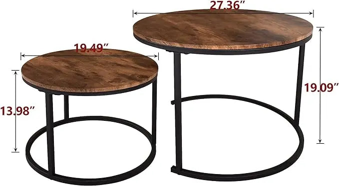 Industrial Round Coffee Table Set of 2 End Table for Living Room,Stacking Side Tables, Sturdy and Easy Assembly,Wood Look Accent Furniture with Metal Frame,Black+Rustic Brown - LeafyLoom