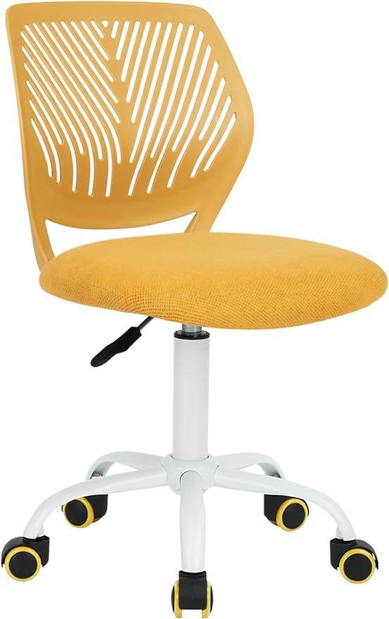 FurnitureR Kids Desk Chair, Small Adjustable Swivel Computer Task Chair with Plastic Backrest and Padded Seat Cushion, Fabric Armless Cute Rolling Child Office Chairs Study Chair, Yellow - LeafyLoom