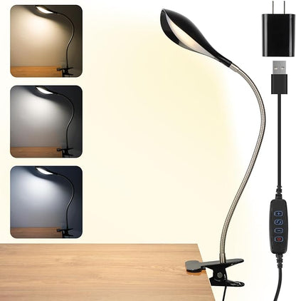 Desk lamp Eye-Caring Table Lamps, 360°Rotation Gooseneck Clip on Lamp Reading Light, Portable Reading Book Light, Clamp Light, Study Desk Lamps for Bedroom and Office Home Lighting (Black-C02) - LeafyLoom