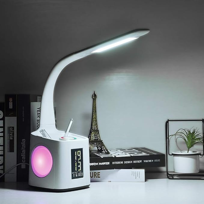 Donewin LED Desk Lamp with USB Charging Port&Pen Holder, Study Light with Clock, Kawaii Desk Accessories, Study Lamp for Kids/Girls/Boys,Desk Light for Office/Reading, Colorful Night Light,10W - LeafyLoom