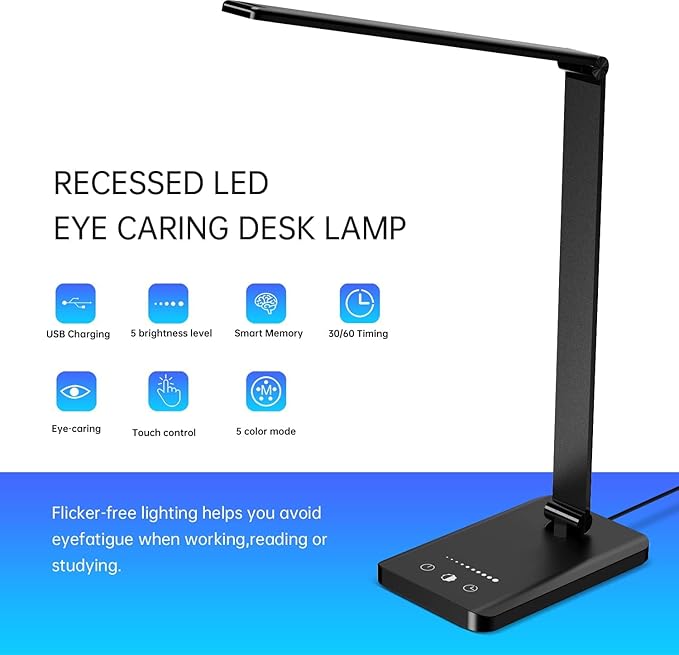 Ambertronix LED Desk Lamp with USB Charging Port, Dimmable Eye-Caring Reading Desk Light for Home, with 5 Brightness Level & 3 Lighting Modes, Touch Control, Auto Timer (Black) - LeafyLoom