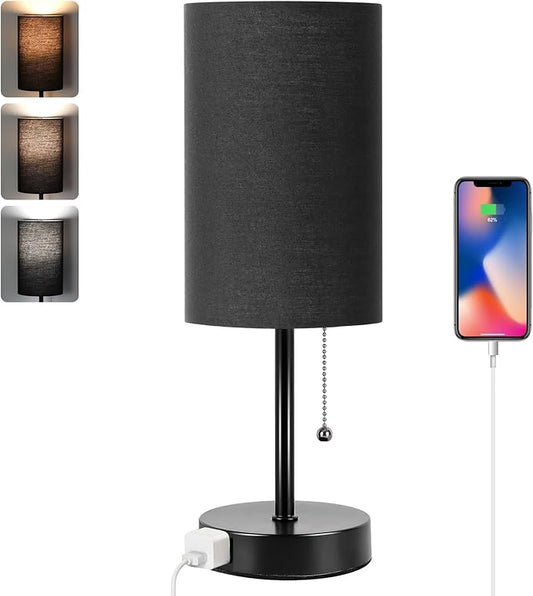 Dott Arts Table Lamp for Bedroom, 3-Color Bedside Lamps with Pull Chain, Bedroom Table Lamps for Nightstand,Small Lamp for Living Room, Bulb Included Black - LeafyLoom