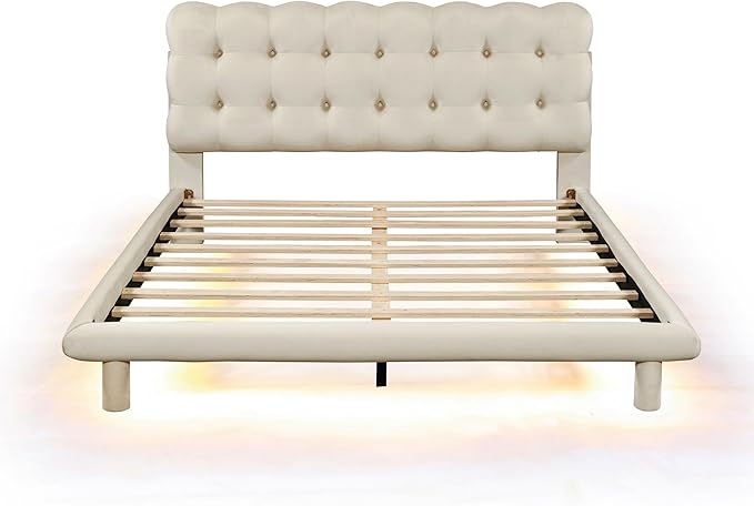 RITSU Queen Size Velvet Fabric Platform Bed, Solid Wood Bedframe with LED, Button Tufted Headboard, includes 16 Colors Lights Can Remote Control, No Box Spring Needed, Beige - LeafyLoom