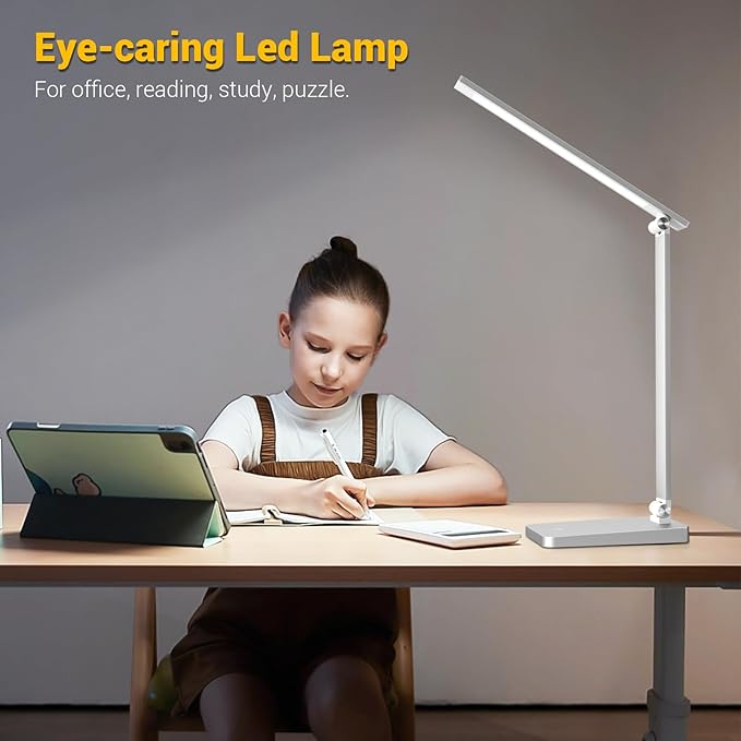 LED Desk Lamp for Home Office, 3 Levels Dimmable Desk Light with USB Charging Port, Small Study Lamp, Reading Light for Table, Sliver, 5000K - LeafyLoom