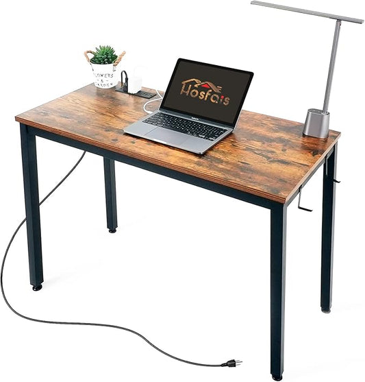 Computer Desk 40" with Power Strip, Office Writing Study, Small Computer Desks Easy Assembly Stable Metal Frame, Desk for Home Office Small Space Workbench Workstation, Rustic Brown - LeafyLoom