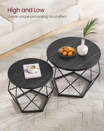 VASAGLE Small Coffee Table Set of 2, Round Coffee Table with Steel Frame, Side End Table for Living Room, Bedroom, Office, Charcoal Gray and Ink Black - LeafyLoom