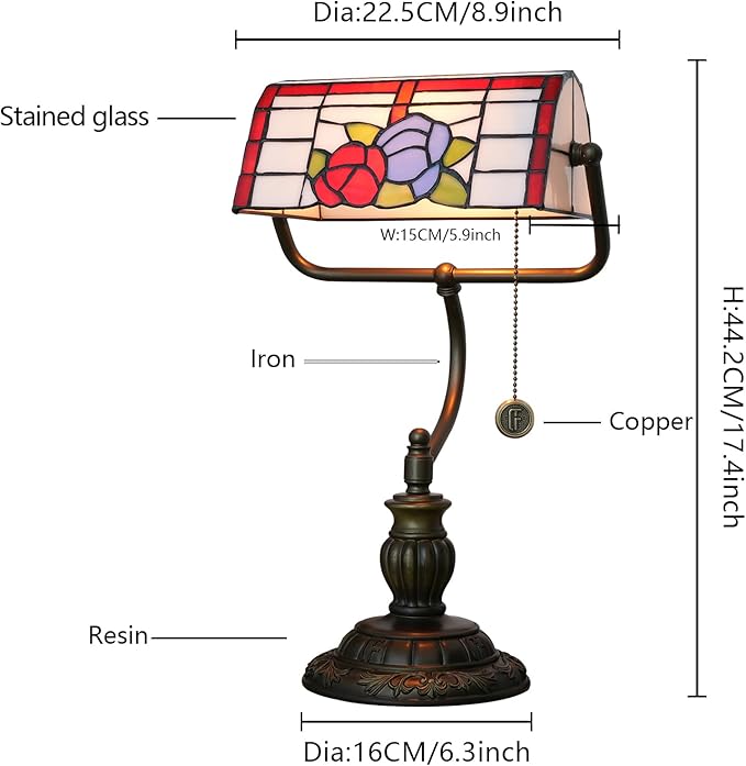 Bankers Lamp,Stained Glass Lamp,Dimmable Vintage Desk Lamp for Home Office Workplace Nightstand Bedroom Library Piano LED Bulb Included (roses) - LeafyLoom