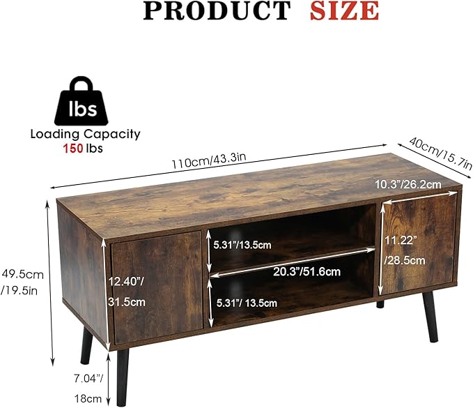 Yusong Industrial TV Stand for 55 Inch TVs,TV Bench TV Cabinet Media Cable Box Gaming Console Table with Open Shelves,Mid-Century Modern Entertainment Center for Living Room,Rustic Brown - LeafyLoom