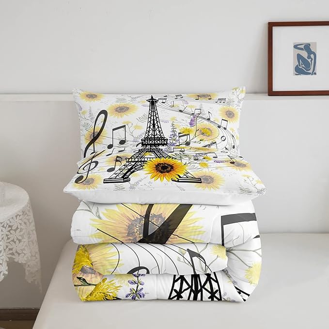 Eiffel Tower Kids Comforter Set Cute Sunflower Bed Sheet Set for Boys Children Teens Bedroom Decor Paris Tower Bedding Set Set Floral Music Themed Bed Cover Full Size with 3 Pillow Case - LeafyLoom