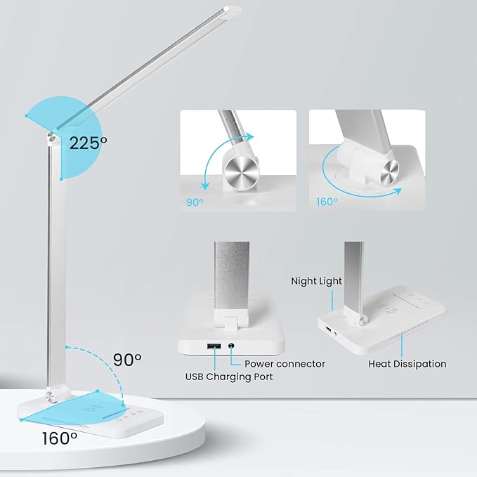 LED Desk Lamp with Night Light, Fast Wireless Charger, USB Charging Port, 10 Brightness, 5 Color Modes, Dimmable Bedside Table Lamp for Bedroom, Touch Control, Auto Timer, 1200Lux Super Bright - LeafyLoom