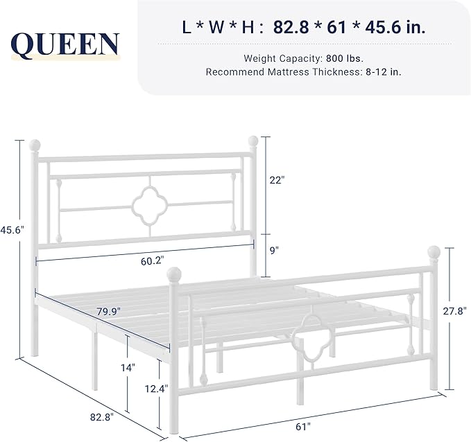 Allewie Queen Size Metal Platform Bed Frame with Victorian Vintage Headboard and Footboard/Mattress Foundation/Under Bed Storage/No Box Spring Needed/Noise-Free/Easy Assembly, White - LeafyLoom