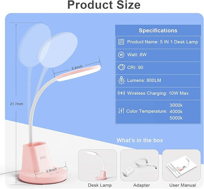 Sailstar Desk Lamp for Home Office, Small Desk Lamp with Wireless Charger & Pen Holder, Cute Desk Lamp LED Dimmable Touch 3 Lighting Modes Memory, Gooseneck Pink Desk Light for College Dorm Room - LeafyLoom