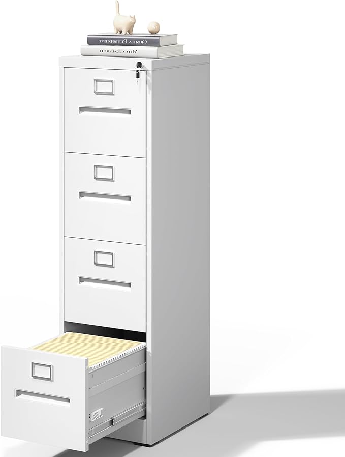 4 Drawer File Cabinet,Metal Filing Cabinets with Lock,White Vertical File Cabinet for Home Office,Heavy Duty Metal Storage Cabinet for A4/Letter/Legal Size File,Assembly Required - LeafyLoom