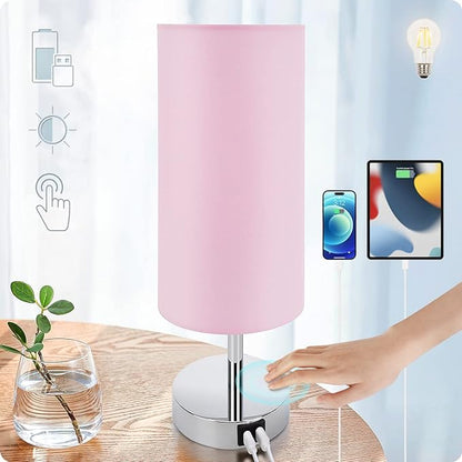 Yarra-Decor Bedside Lamp with USB Port - Touch Control Table Lamp for Bedroom 3 Way Dimmable Nightstand Lamp with Round Pink Fabric Shade for Living Room, Dorm, Home Office (LED Bulb Included) - LeafyLoom