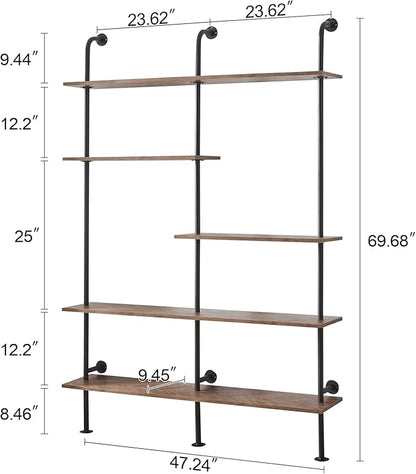 HOMISSUE Industrial Bookshelf 5-Tier Open Wall Mount Ladder Bookshelf, Modern Bookcase with Metal Frame and Wood Style for Home Office, Wall Mounted industrial Iron Pipe Shelf, Oak Brown - LeafyLoom