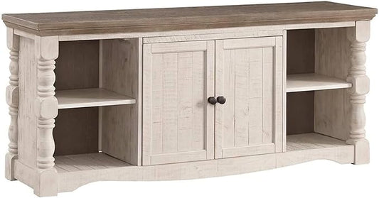 Signature Design by Ashley Havalance Farmhouse TV Stand Fits TVs up to 65", 2 Door Cabinet and Shelves For Storage, Vintage White & Weathered Gray - LeafyLoom