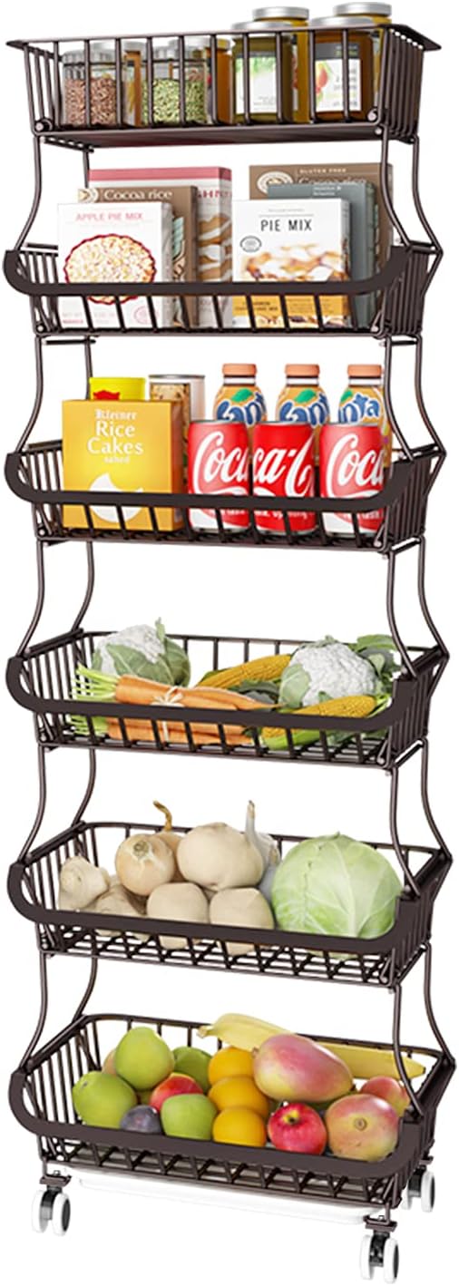 Wisdom Star 6 Tier Fruit Vegetable Basket for Kitchen, Vegetable Bins for Onions and Potatoes, Wire Storage Organizer Utility Cart with Wheels,Bronze - LeafyLoom