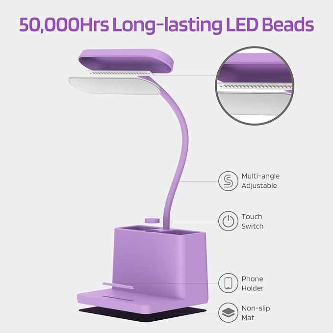 AXX Purple Desk Lamp, Study Lamp/Desktop Lamps for Small Spaces - Small, Battery Operated, Rechargeable, Cute, Gooseneck, Mini, Cordless - College Dorm Room/Home Office Desk Accessories - LeafyLoom