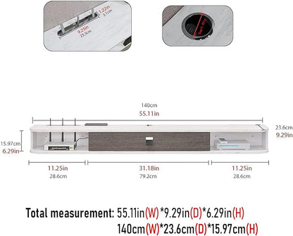 Floating TV Unit, 55'' Wall Mounted TV Cabinet, Floating Shelves with Door, Modern Entertainment Media Console Center Large Storage TV Bench for Living Room & Office (55.12IN, Grey White) - LeafyLoom