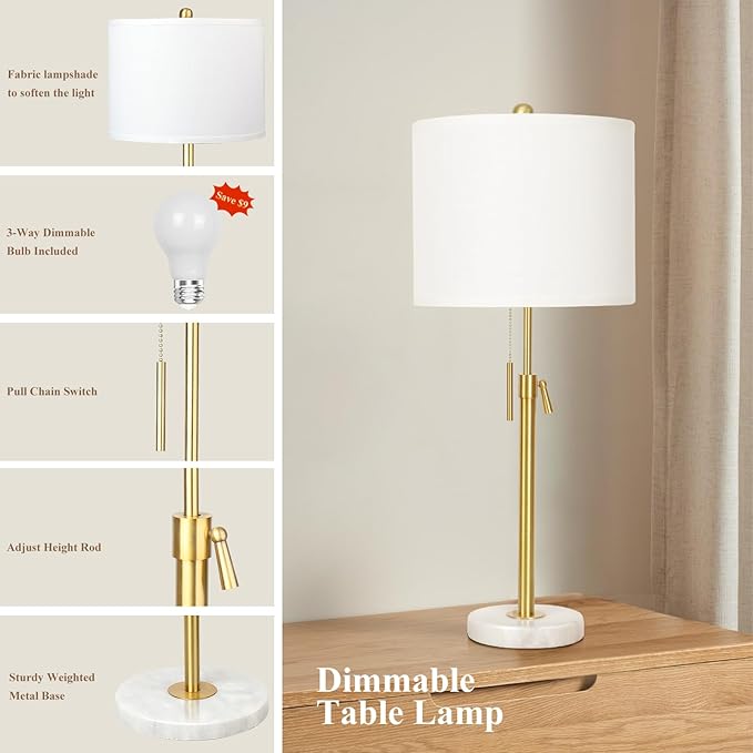 Lamp Modern Set of 2: 22" to 30" Height Adjustable Pull Chain Switch for Living Room Bedroom End Table, Marble Base White Linen Shade Golden Pole Nightstand Lamp Brass for Office, Bedside Table - LeafyLoom