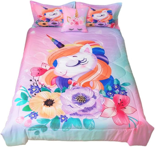 ADASMILE A & S Unicorn Bedding Twin for Girls Unicorn Bed Set Pink Unicorn Comforter Set Twin 6Pieces Girls Bed in A Bag Comforter with Hearts Sheets Reversible Unicorn Bed Sheets Home Unicorn Decor - LeafyLoom