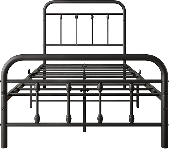 Vintage Twin Size Bed Frame with Headboard and Footboard Mattress Heavy Duty Metal Platform, Steel Slat Support (Twin, Black Sanded) - LeafyLoom