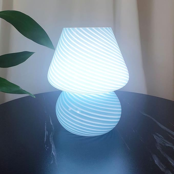 Mushroom Lamp,Glass Arctic Blue Mushroom Bedside Table Lamps Vintage Translucent Murano Style Striped Small Nightstand Desklamp Swirl Light for Home Decor, Dining, Living, Bedroom, Gift (Stripe Blue) - LeafyLoom